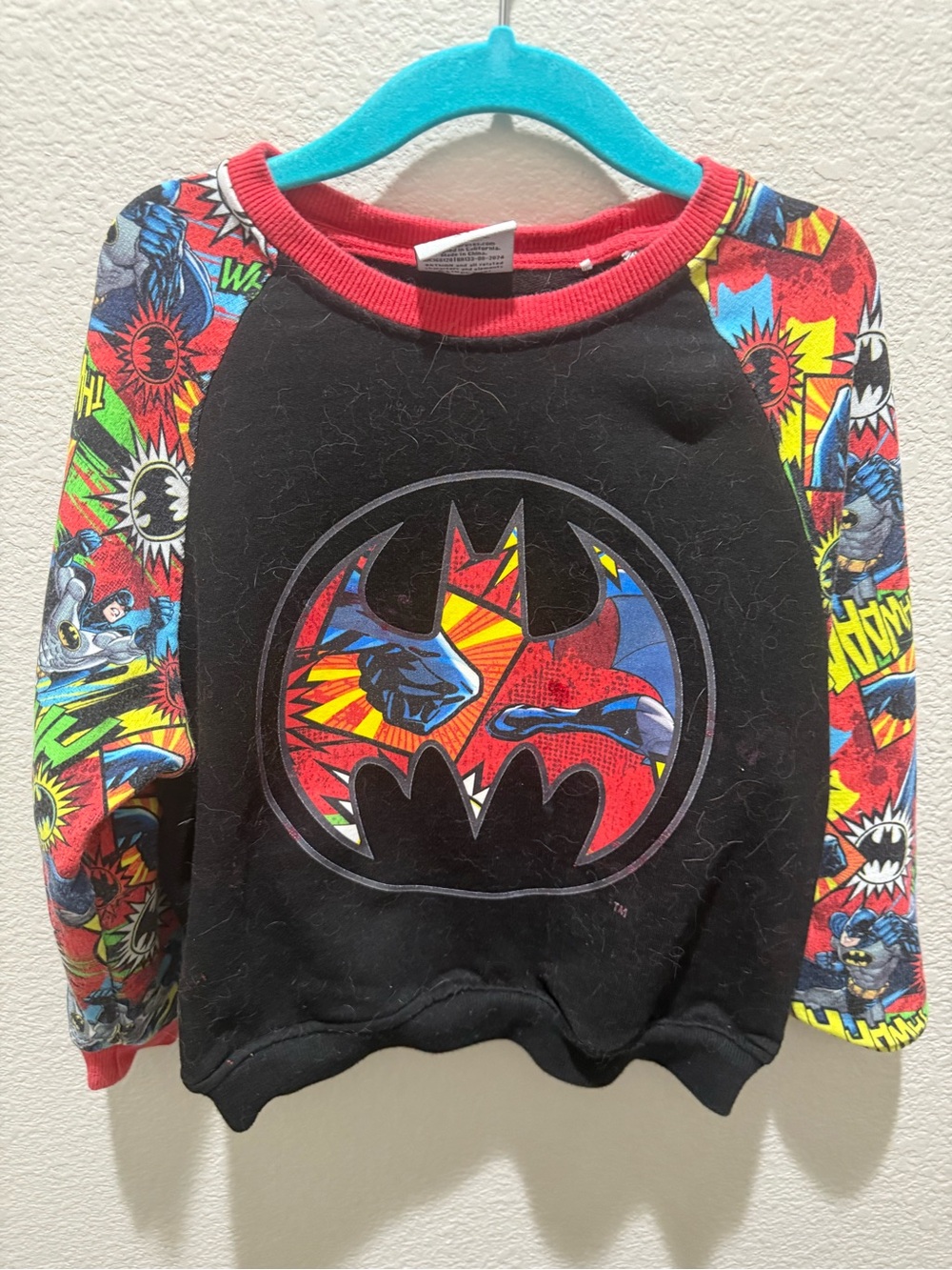 Kids' Batman Logo Pullover Sweatshirt in Black with Multi-Color Comic Sleeves